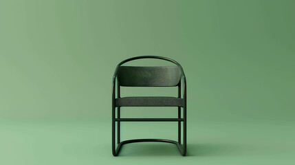 Black metal chair with a green background. The chair is simple and elegant, with a modern design.