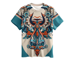 Vibrant, artistic t-shirt with intricate tribal patterns and bold colors, perfect for casual wear and expressing unique style.