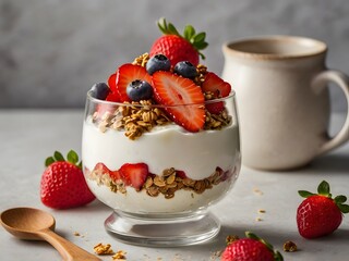 Delicious Strawberry  Blueberry  and Granola Parfait with Yogurt