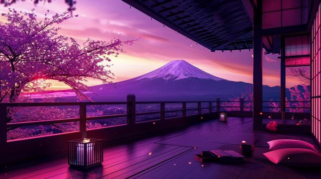 Scenic mountain landscape with blooming sakura tree viewed from a traditional house balcony  
Seamless looping 4k time-lapse virtual video animation Generated AI