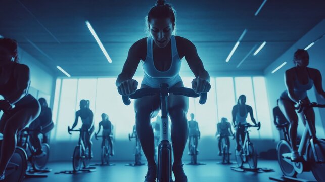 A dynamic image of a fitness instructor leading a group spin class in a gym, with spinning bikes and energetic participants, Energetic style