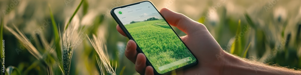 Wall mural smart farming app displaying real-time crop data and weather predictions on a smartphone