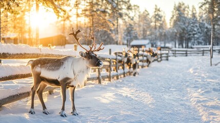 Obraz premium Winter day with a herd of reindeer on a farm in Lapland, Finland