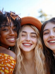 Fototapeta premium Candid Portrait of Three Women Posing for a Selfie