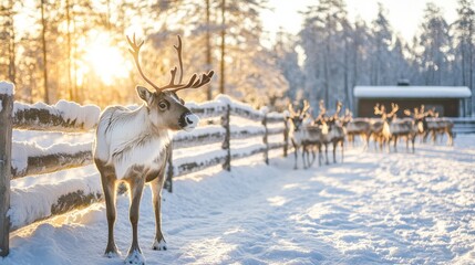 Winter day with a herd of reindeer on a farm in Lapland, Finland