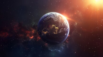 A breathtaking view of Earth from space, illuminated by the sun's rays and surrounded by a vast expanse of twinkling stars.