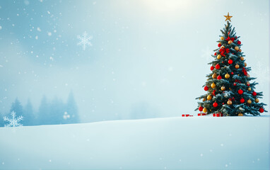 New Year's card: Christmas tree decorated with beautiful balls and garland in snowdrifts. Celebrating the New Year.