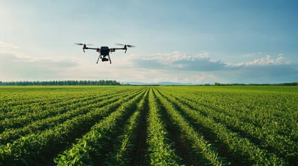 Smart farming drone flying over a large field monitoring crops with advanced sensors