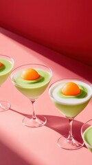 Vibrant green cocktails with orange garnish in elegant glasses on a pink surface, AI