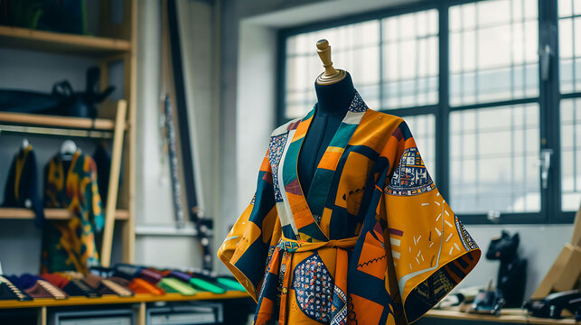 Elegant dress with bright colorful pattern displayed on mannequin in a modern design studio with large windows in the background.