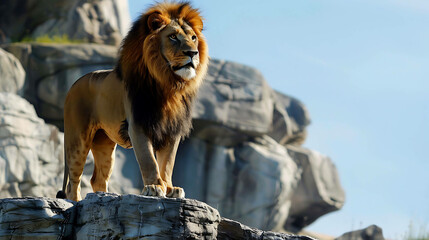 A majestic lion stands on a rock outcropping, surveying the savanna below.