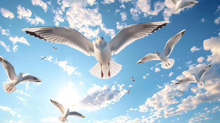 Obraz premium A flock of seagulls is flying in the sky. The seagulls are white with black wingtips. The sky is blue and there are white clouds. The sun is shining.