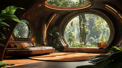 Futuristic eco-bedroom with circular windows offering lush forest views and organic architecture