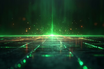 Obraz premium Futuristic digital landscape with glowing green energy beam and abstract particles for a technology background