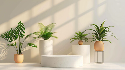 Fototapeta premium 3D rendering of a podium with a potted plant on it. The podium is made of white marble and the plant is a fern.