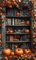Obraz premium Books and pumpkins displayed on a shelf
