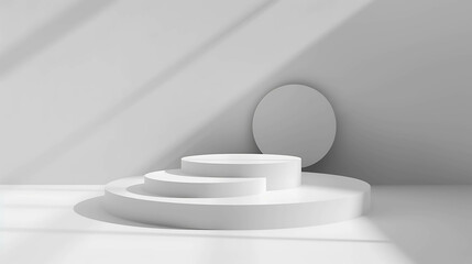 Fototapeta premium 3D rendering of a white podium with a circular backdrop. The podium is made up of three steps, each with a different height.