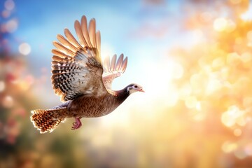 A bird with brown feathers is flying in the sky
