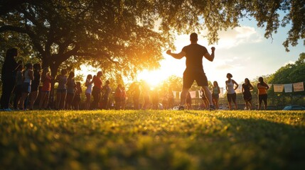 A dynamic image of a fitness trainer leading a boot camp session in an outdoor park, with diverse participants exercising and motivational banners, Active style