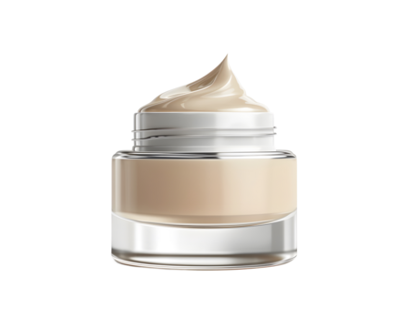 A sleek jar of foundation cream showcasing a rich, creamy texture ideal for cosmetic use and skincare applications.