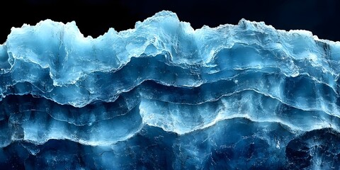Close-up of vibrant blue ice layers resembling ocean waves against a dark background.