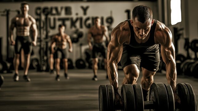 A dynamic image of a fitness trainer leading a CrossFit workout session in a gym, with intense exercises and motivational slogans, High-energy style