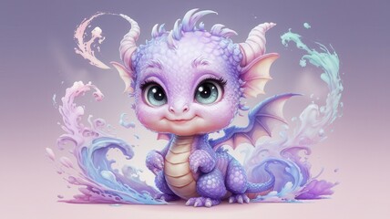 Fototapeta premium Cheerful baby dragon playing with water in whimsical setting