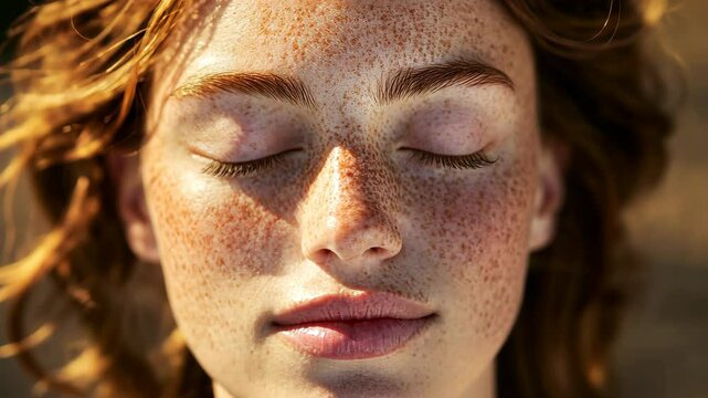 A woman with freckles and red hair lays in the sun with her eyes closed
