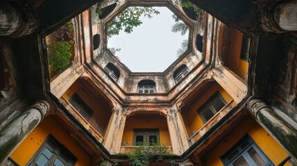 An octagonal perspective of an old building in Madho Bhawan, Kolkata, India, December 25, 2022.