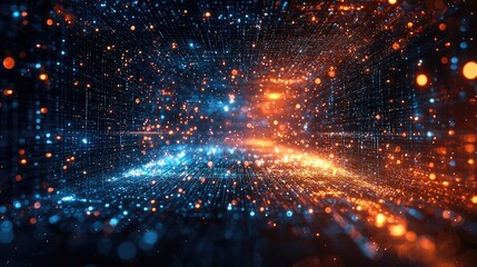 Fototapeta premium Abstract digital background with blue and orange glowing particles, creating a futuristic and dynamic atmosphere.