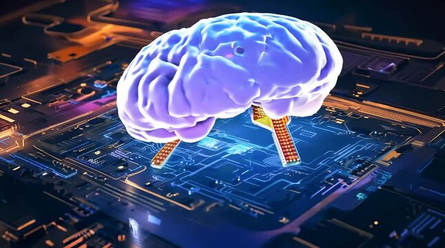 A 3D animated brain is slowly lowered onto a circuit board. The brain glows blue, while the circuit board is filled with colorful lines and glowing lights, representing the connection of tec