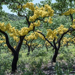 Fototapeta premium Vibrant yellow blossoms adorn the curved branches of trees in a lush, sunlit grove, creating a serene and picturesque natural scene.