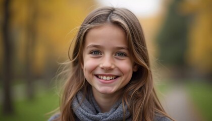 Fototapeta premium In a picturesque park in France, a cheerful young girl stands amidst golden autumn trees, radiating joy and warmth. Her bright smile reflects the beauty of the day. Generative AI