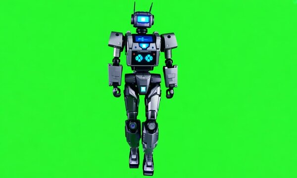A robot with a futuristic design walks forward against a green screen. It has glowing blue lights and a sleek, silver body.