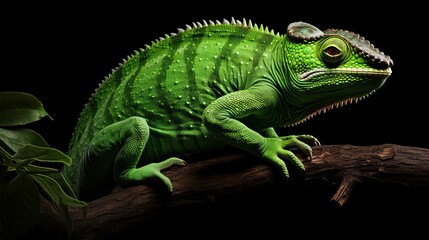 Fototapeta premium Vibrant green lizard resting on a branch in a dark environment showcasing its detailed scales