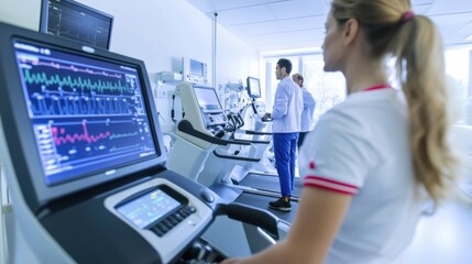 A dynamic image of a patient using a treadmill for a stress test in a cardiology department, with monitors and medical staff visible, Active style