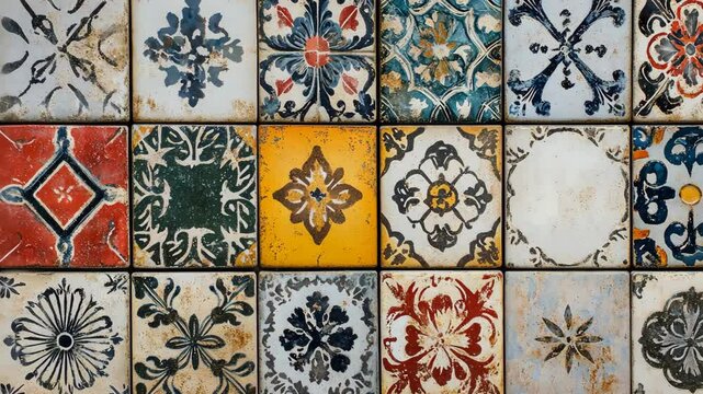 A collection of colorful, patterned ceramic tiles create a vibrant mosaic