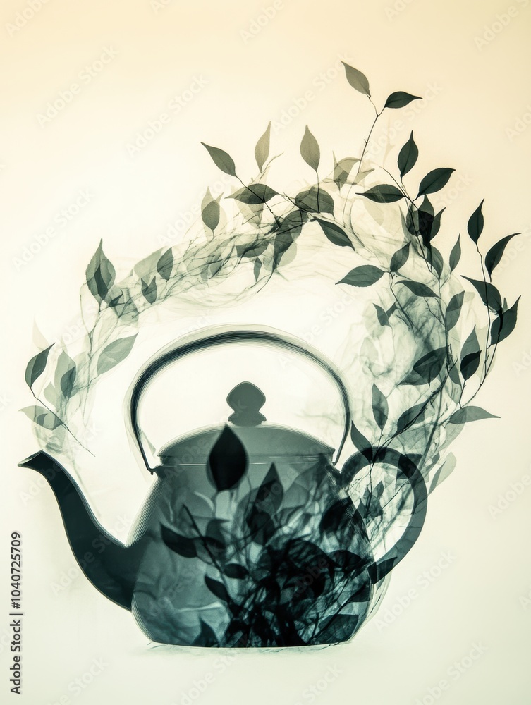 Poster a teapot silhouette smoothly transforms into delicate tea leaves, beautifully blending elements of n