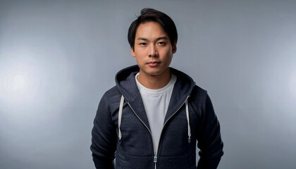 Fototapeta premium Portrait of a Japanese man in hoodie and hoodie