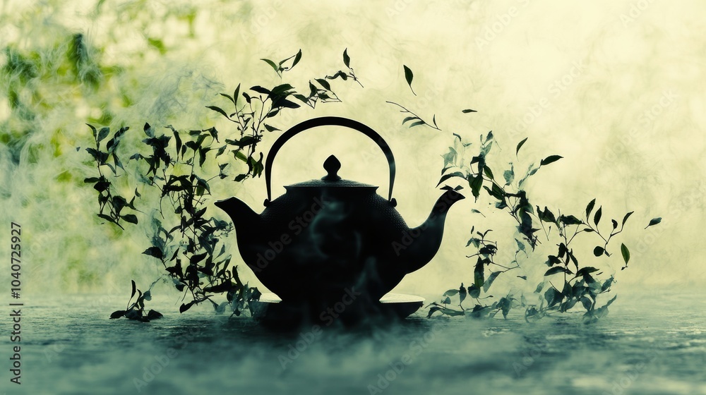 Poster a graceful teapot silhouette merges into flowing tea leaves, creating an abstract and serene composi