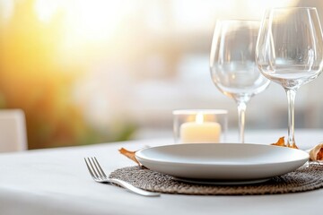 A table with a white plate, a fork, and two wine glasses