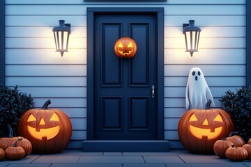 Obraz premium A door with a ghost on it and three pumpkins on the porch