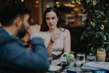 A diverse group of professionals engaging in a discussion, sharing ideas, and strategizing in a contemporary coffee shop environment. The setting is casual yet focused, encouraging creativity and