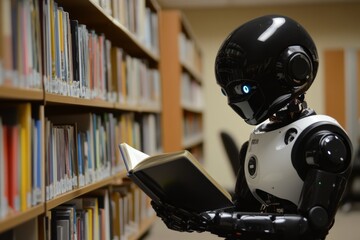 Humanoid robot reading a book in a library during daytime, exploring knowledge and learning concepts related to AI