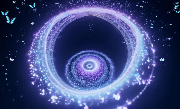 A glowing purple ring with sparkling particles and butterflies, appearing like a portal or a mystical gateway. The ring spins and the butterflies dance around it, creating a magical and ethe