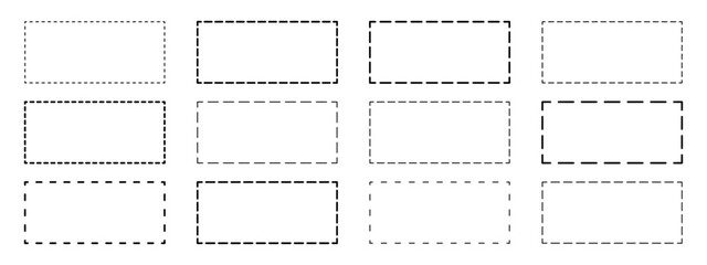 Set of rectangle shapes with dashed lines. Dotted geometric figures isolated on white background. Cut here pictograms for paper coupons or sale tags. Vector outline illustration.