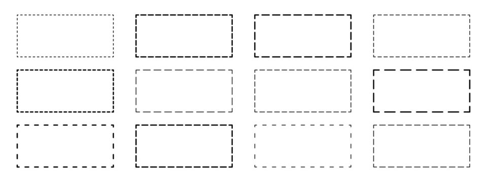 Set of rectangle shapes with dashed lines. Dotted geometric figures isolated on white background. Cut here pictograms for paper coupons or sale tags. Vector outline illustration.