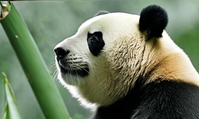 A close-up shot of a panda bear's face, framed by a wooden window. The panda is looking off to the side, with a curious and peaceful expression. The shot is soft and intimate, highlighting t