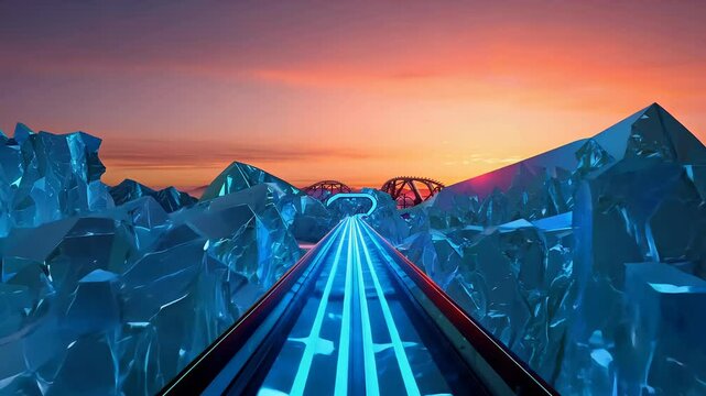 exhilarating 4K roller coaster ride glossy ice mountains illuminated glowing sunset featuring neon blue lights exciting abstract journey seamless loop attraction animation railroad speed