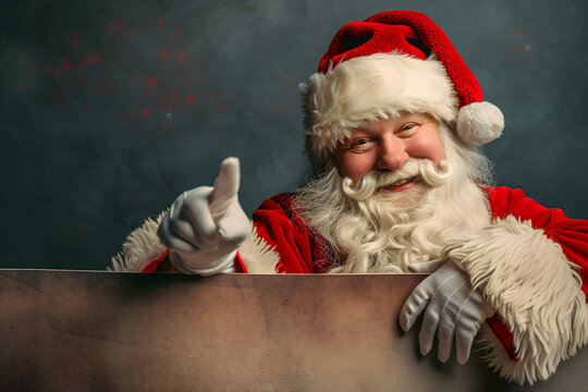 Christmas advertising. Santa claus points pinger towards empty space. High quality photo